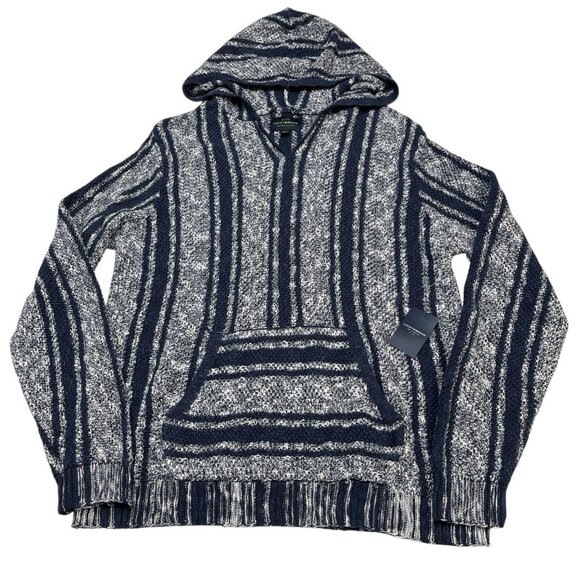 Lucky Brand Sweater Mens M Blue Striped Baja Hoodie Pullover Shirt Boho Hippie - Picture 1 of 8